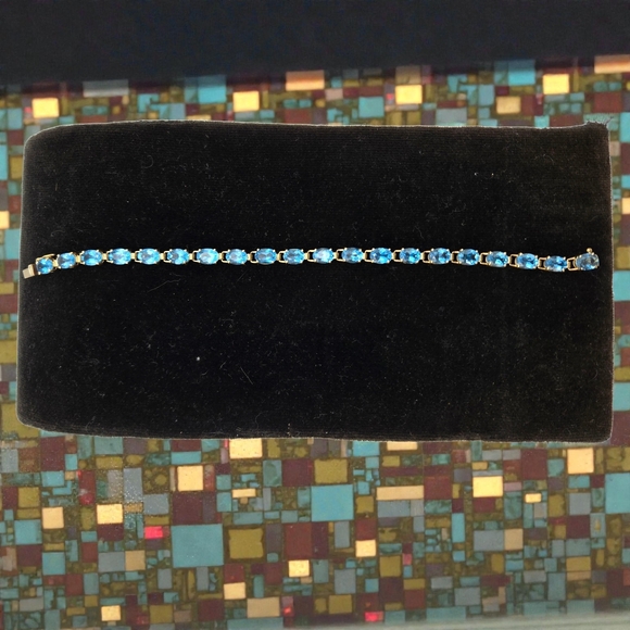 Vintage 14K Gold Blue Topaz Tennis Bracelet ADPC Signed 9.79g Solid Gold Estate - Picture 2 of 12